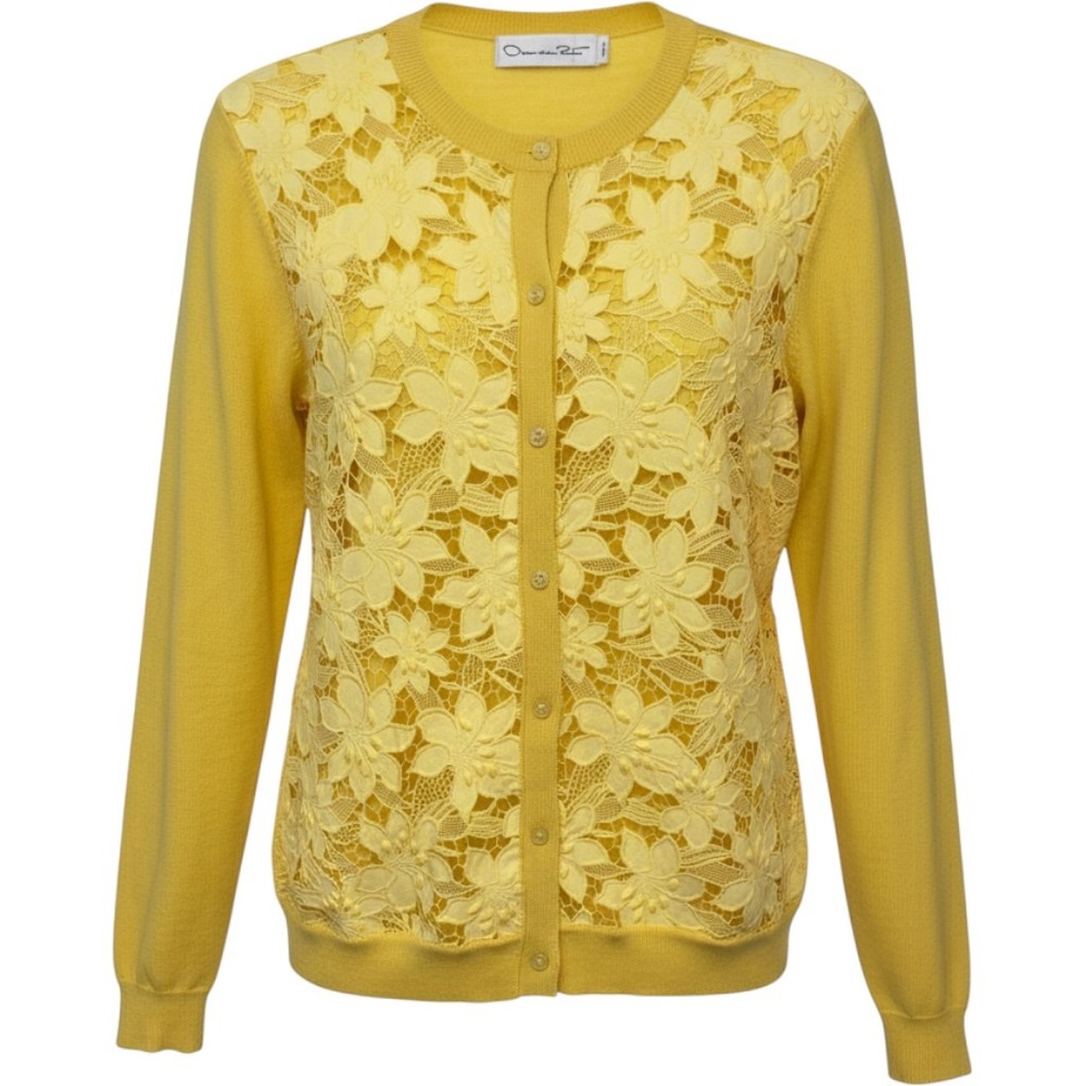 Oscar de la Renta Yellow Virgin Wool Floral Lace Front Cardigan 22PN155TIG L